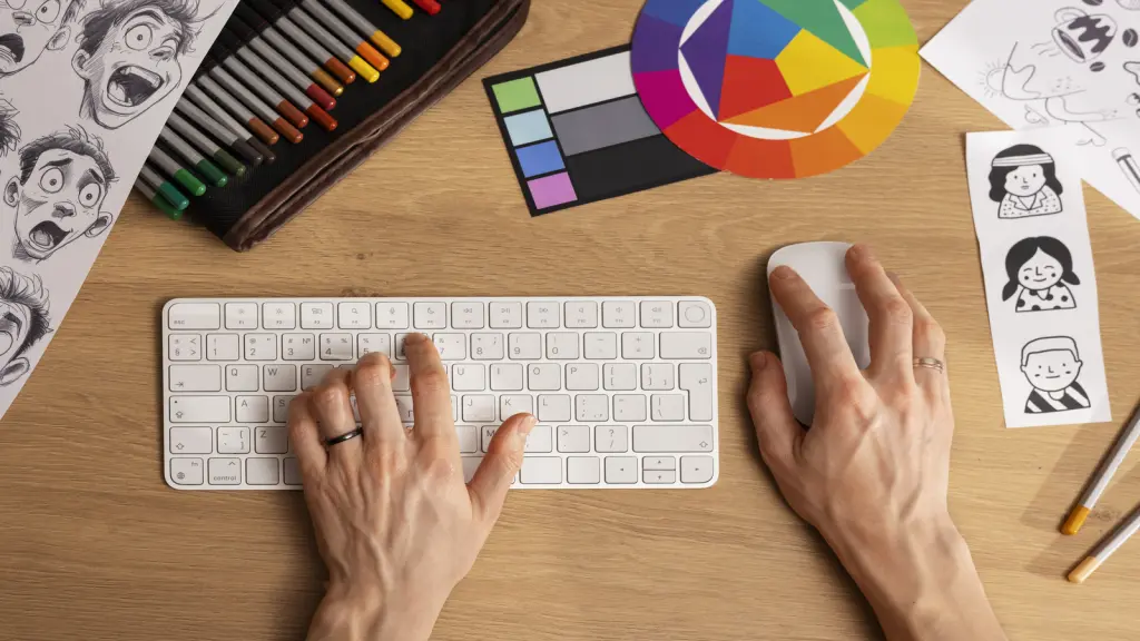 homen utilizando um computador (mause e teclado) com paleta de cores e exemplos de Branding sobre a mesa