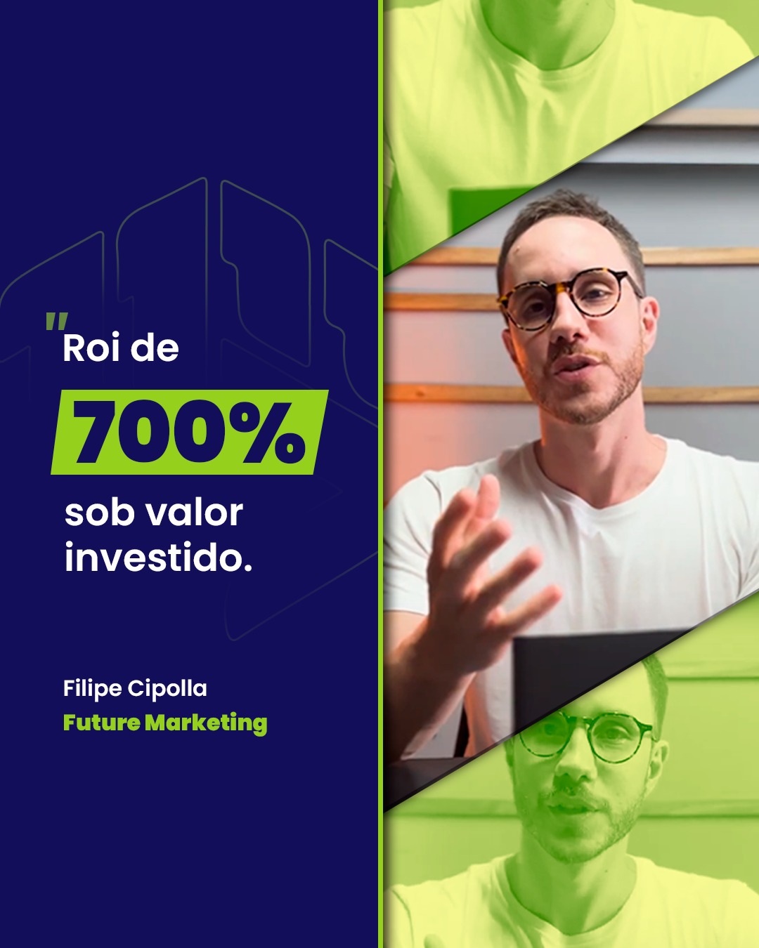 Depoimento da Future Marketing sobre a parceria com a Rock Leads, alcançando 700% de retorno sobre investimento em tráfego pago e geração de leads. (clicando na imagem visitante é direcionado para depoimento completo responsável pela empresa: future marketing)