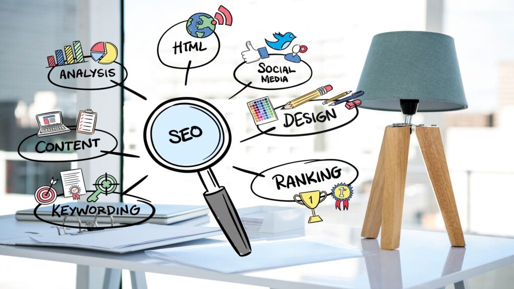 lupa com a sigla SEO ao centro simbolizando uma agencia de SEO